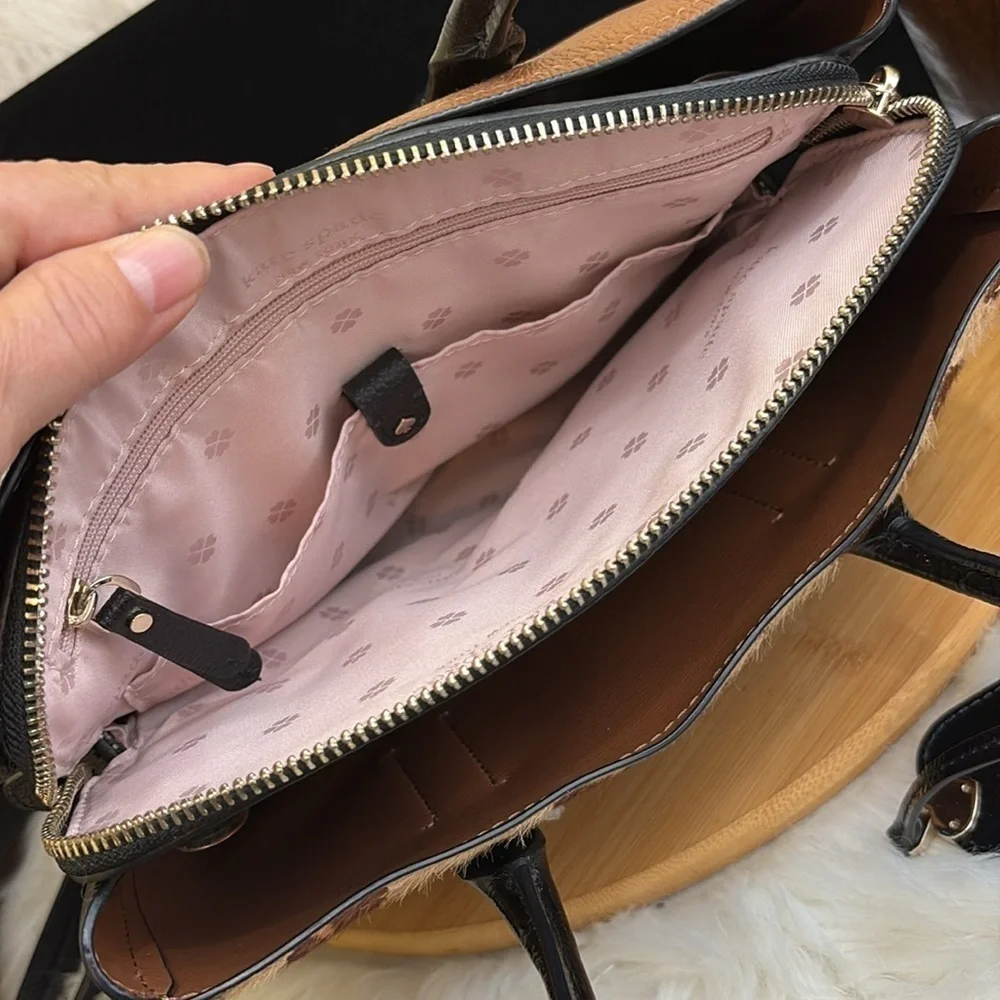 Kate Spade Margaux Medium Caviar Leather Leopard Calf Hair Crossbody Satchel Bag